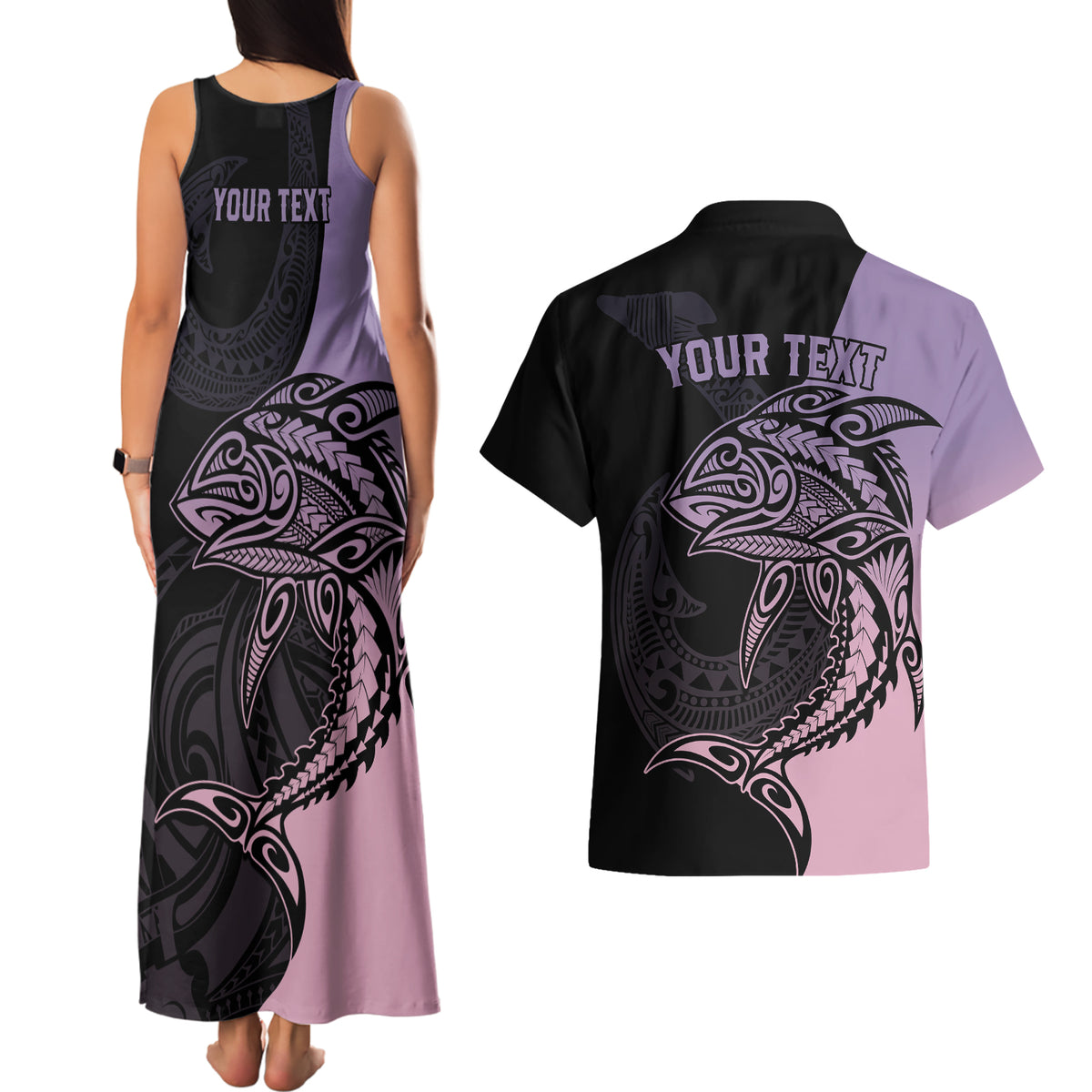 Personalised Polynesia Fishing Couples Matching Tank Maxi Dress and Hawaiian Shirt With Maori Hei Matau Fish Hook Pastel Art LT9 - Polynesian Pride