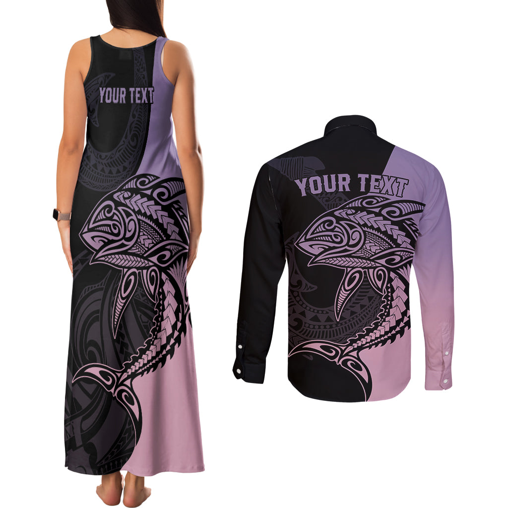 Personalised Polynesia Fishing Couples Matching Tank Maxi Dress and Long Sleeve Button Shirts With Maori Hei Matau Fish Hook Pastel Art LT9 - Polynesian Pride