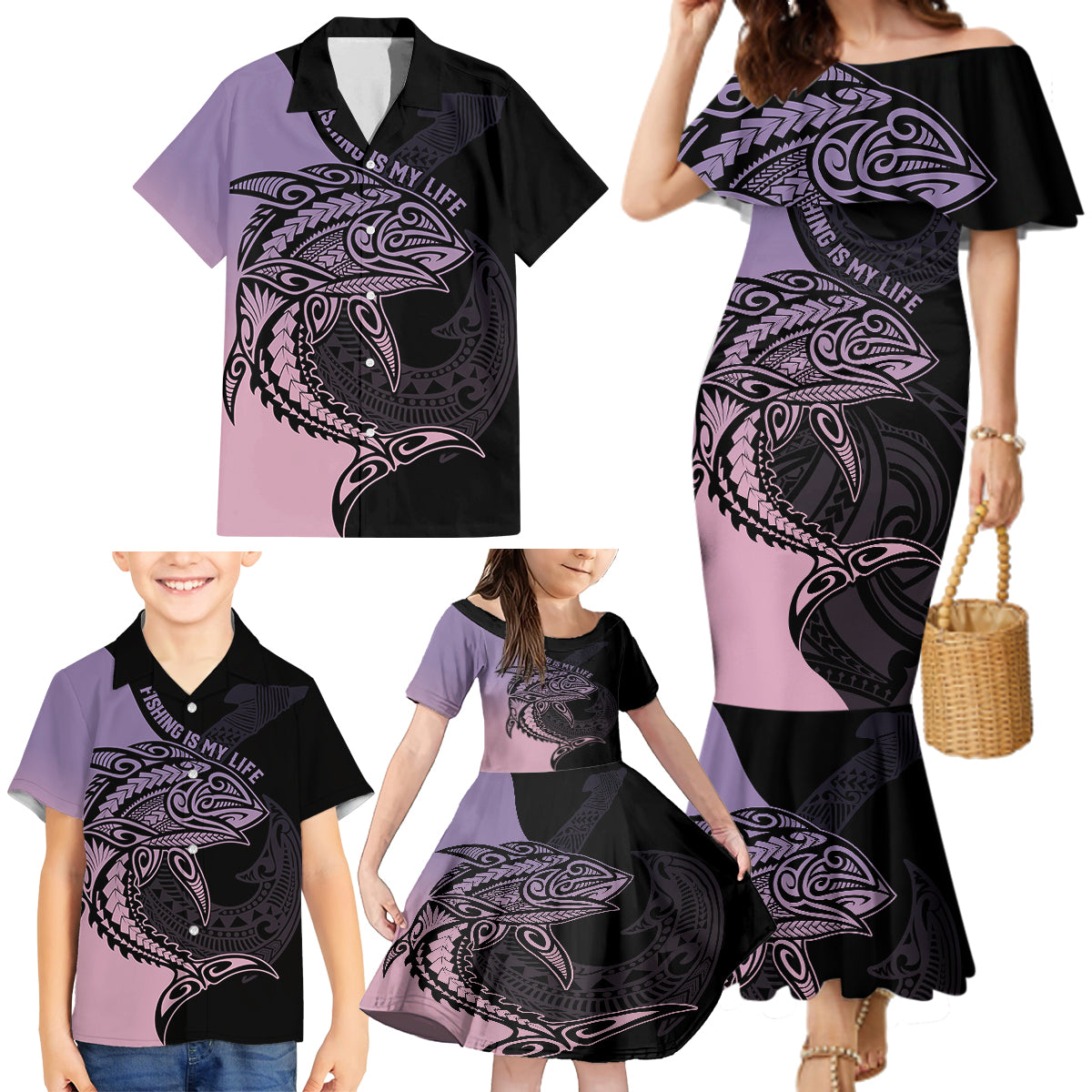 Personalised Polynesia Fishing Family Matching Mermaid Dress and Hawaiian Shirt With Maori Hei Matau Fish Hook Pastel Art LT9 - Polynesian Pride