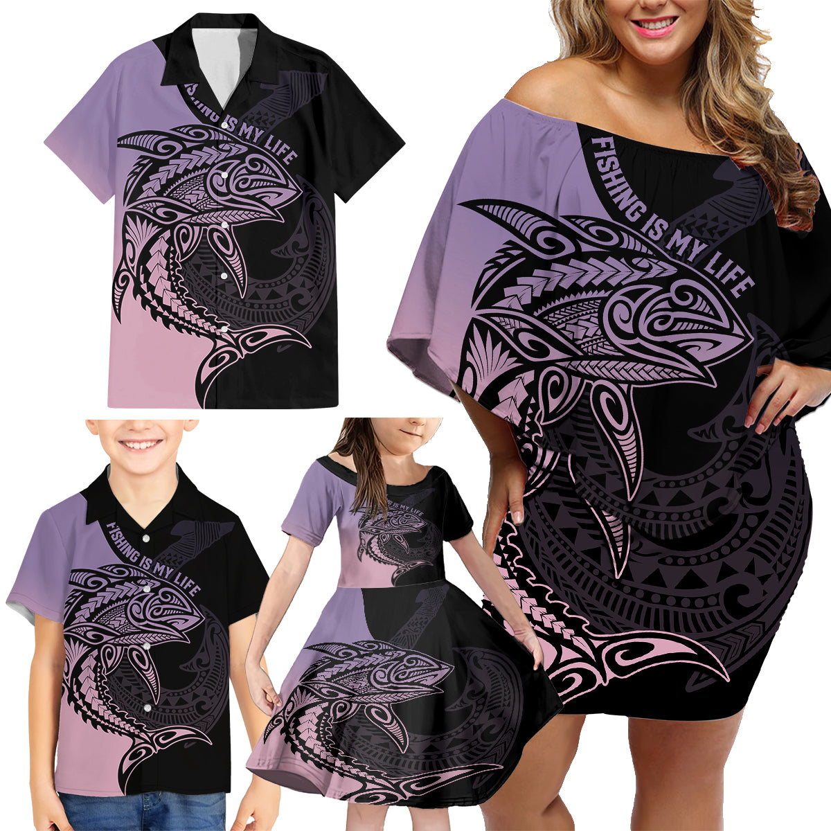 Personalised Polynesia Fishing Family Matching Off Shoulder Short Dress and Hawaiian Shirt With Maori Hei Matau Fish Hook Pastel Art LT9 - Polynesian Pride