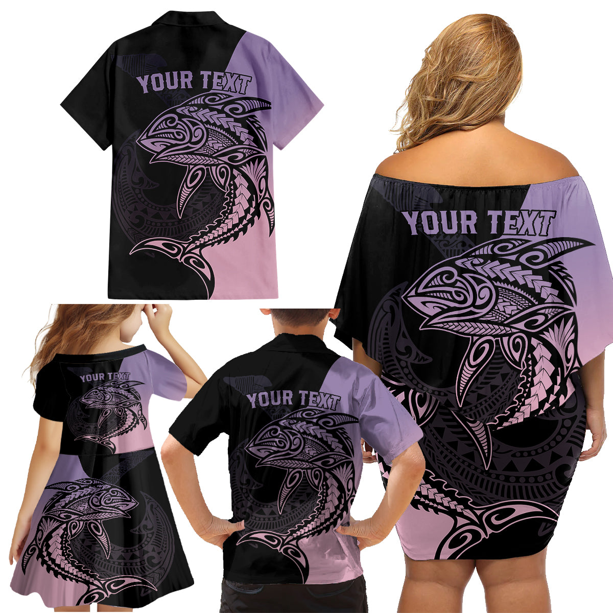 Personalised Polynesia Fishing Family Matching Off Shoulder Short Dress and Hawaiian Shirt With Maori Hei Matau Fish Hook Pastel Art LT9 - Polynesian Pride