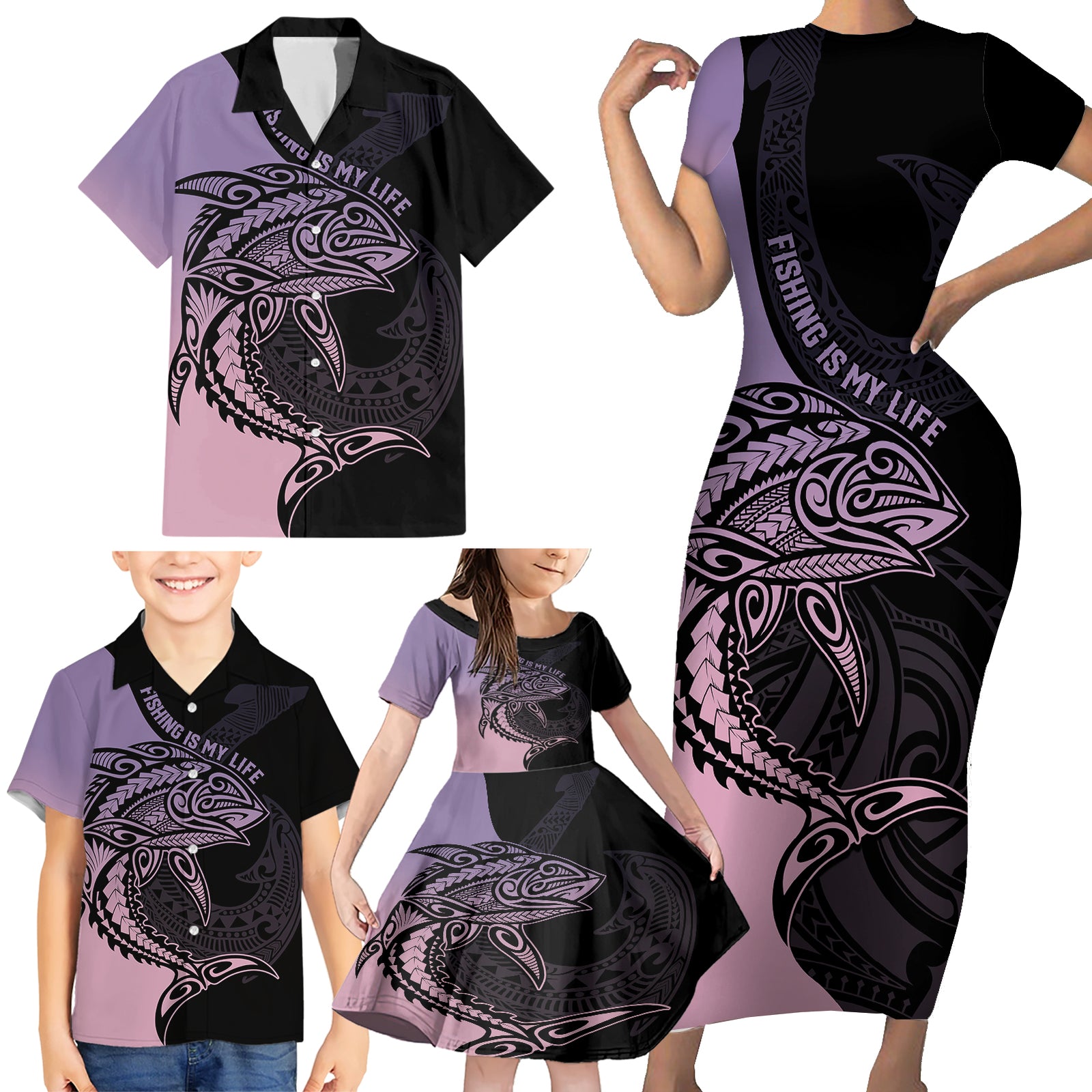 Personalised Polynesia Fishing Family Matching Short Sleeve Bodycon Dress and Hawaiian Shirt With Maori Hei Matau Fish Hook Pastel Art LT9 - Polynesian Pride