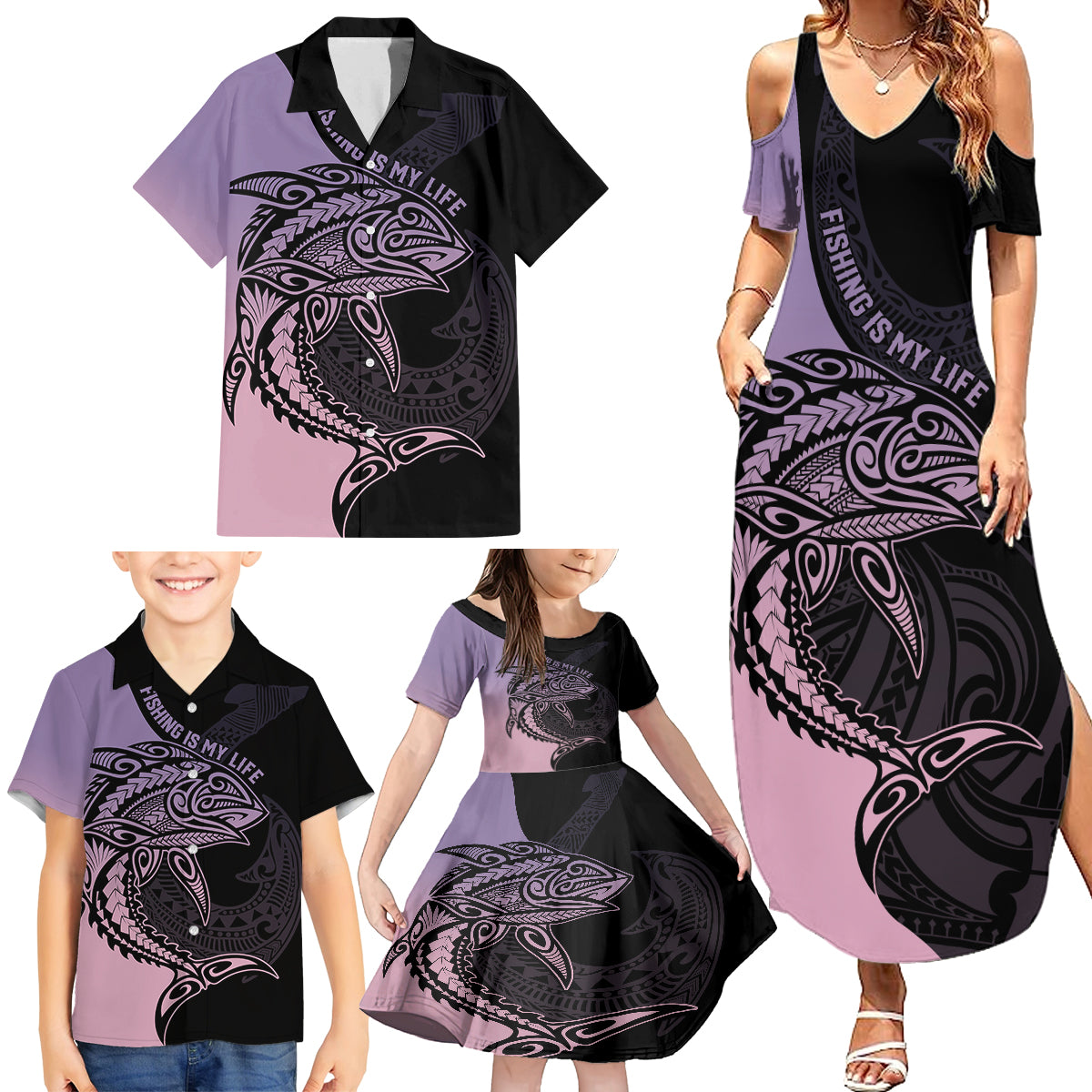 Personalised Polynesia Fishing Family Matching Summer Maxi Dress and Hawaiian Shirt With Maori Hei Matau Fish Hook Pastel Art LT9 - Polynesian Pride