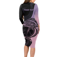 Personalised Polynesia Fishing Long Sleeve Bodycon Dress With Maori Hei Matau Fish Hook Pastel Art LT9 - Polynesian Pride