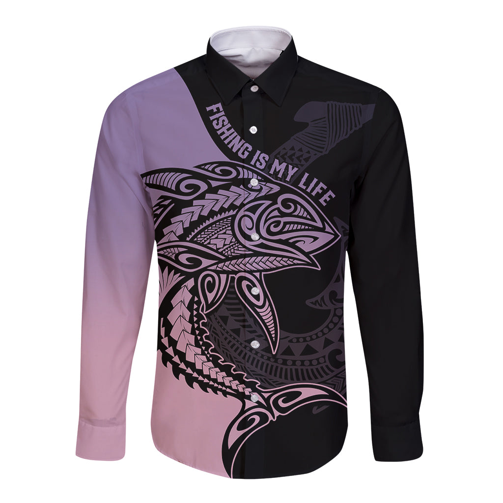 Personalised Polynesia Fishing Long Sleeve Button Shirt With Maori Hei Matau Fish Hook Pastel Art LT9 Unisex Pastel - Polynesian Pride