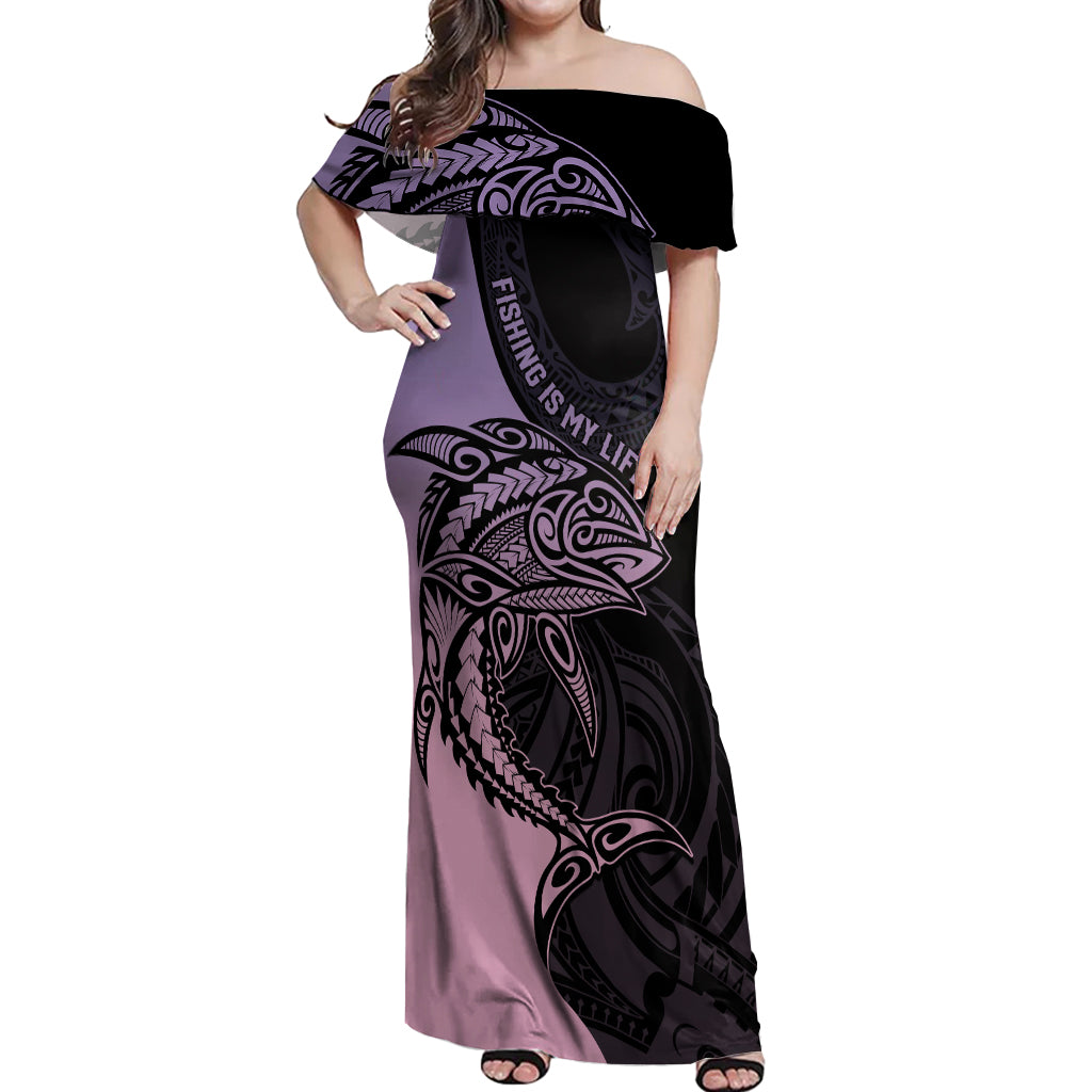 personalised-polynesia-fishing-off-shoulder-maxi-dress-with-maori-hei-matau-fish-hook-pastel-art