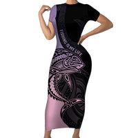 Personalised Polynesia Fishing Short Sleeve Bodycon Dress With Maori Hei Matau Fish Hook Pastel Art LT9 Long Dress Pastel - Polynesian Pride