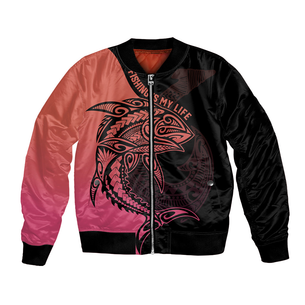 Personalised Polynesia Fishing Bomber Jacket With Maori Hei Matau Fish Hook Pink Art LT9 Unisex Pink - Polynesian Pride