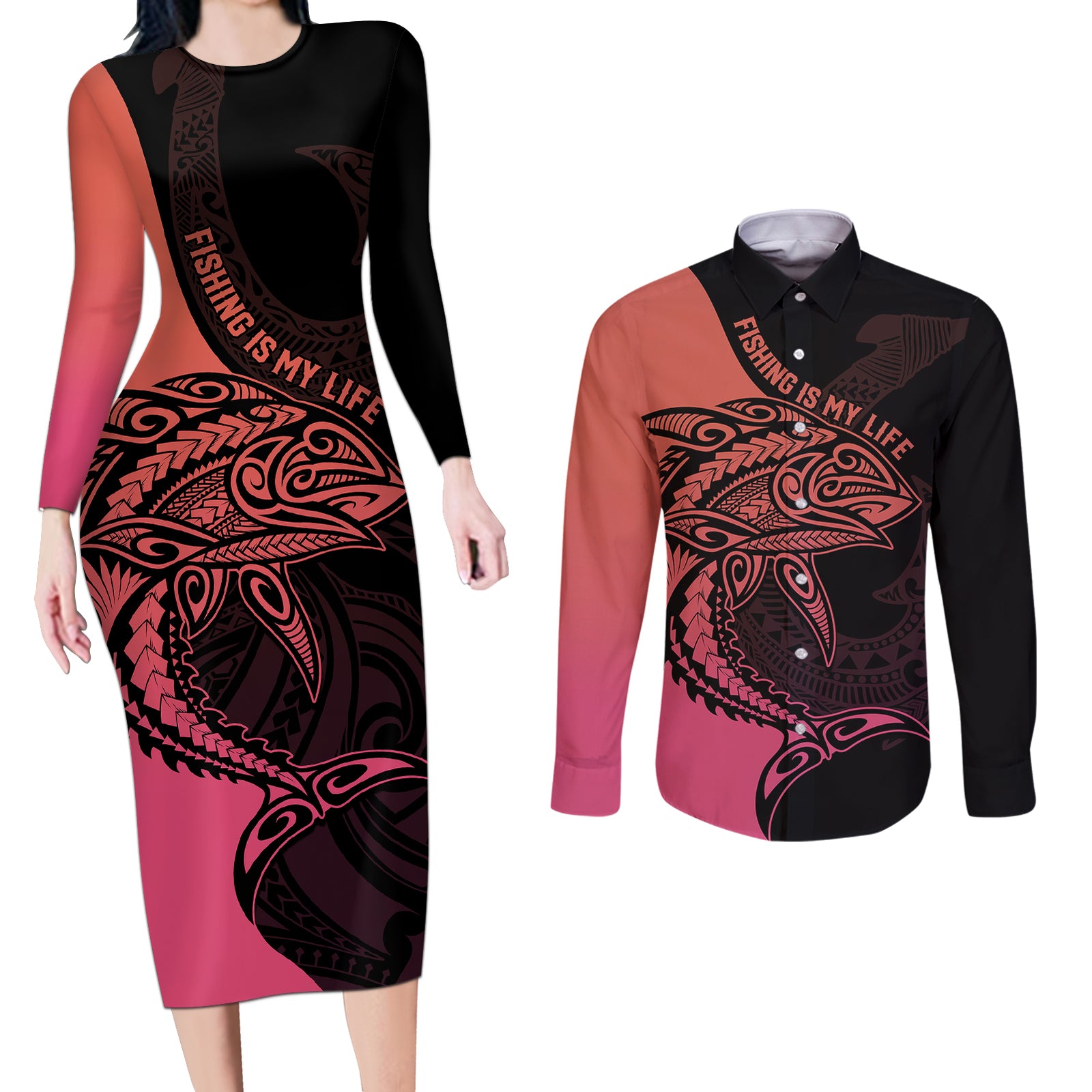 Personalised Polynesia Fishing Couples Matching Long Sleeve Bodycon Dress and Long Sleeve Button Shirts With Maori Hei Matau Fish Hook Pink Art LT9 Pink - Polynesian Pride