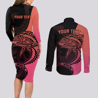 Personalised Polynesia Fishing Couples Matching Long Sleeve Bodycon Dress and Long Sleeve Button Shirts With Maori Hei Matau Fish Hook Pink Art LT9 - Polynesian Pride