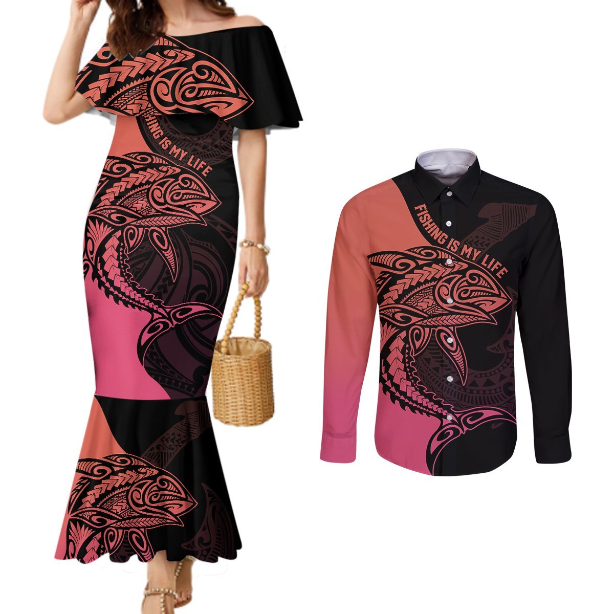 Personalised Polynesia Fishing Couples Matching Mermaid Dress and Long Sleeve Button Shirts With Maori Hei Matau Fish Hook Pink Art LT9 Pink - Polynesian Pride
