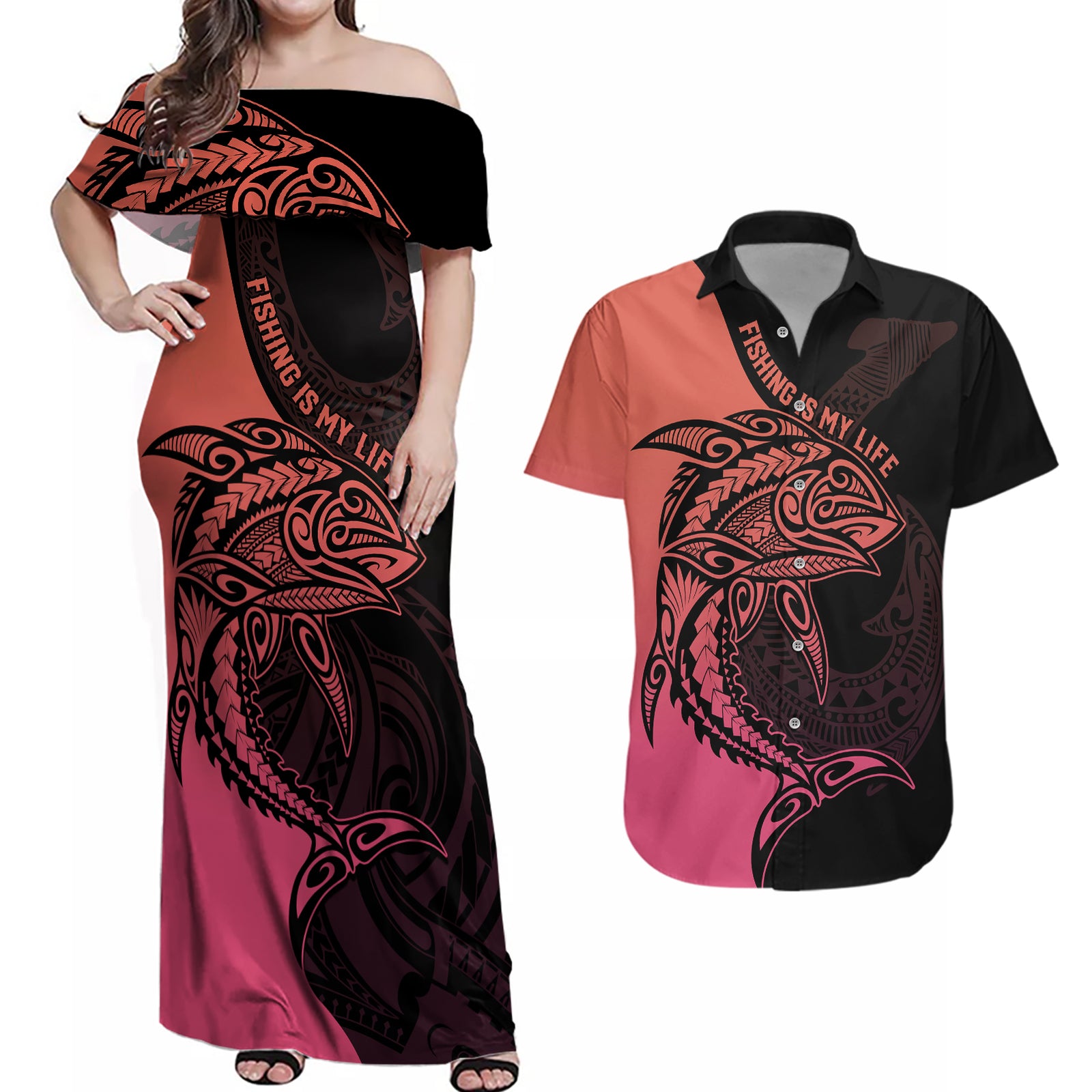 Personalised Polynesia Fishing Couples Matching Off Shoulder Maxi Dress and Hawaiian Shirt With Maori Hei Matau Fish Hook Pink Art LT9 Pink - Polynesian Pride