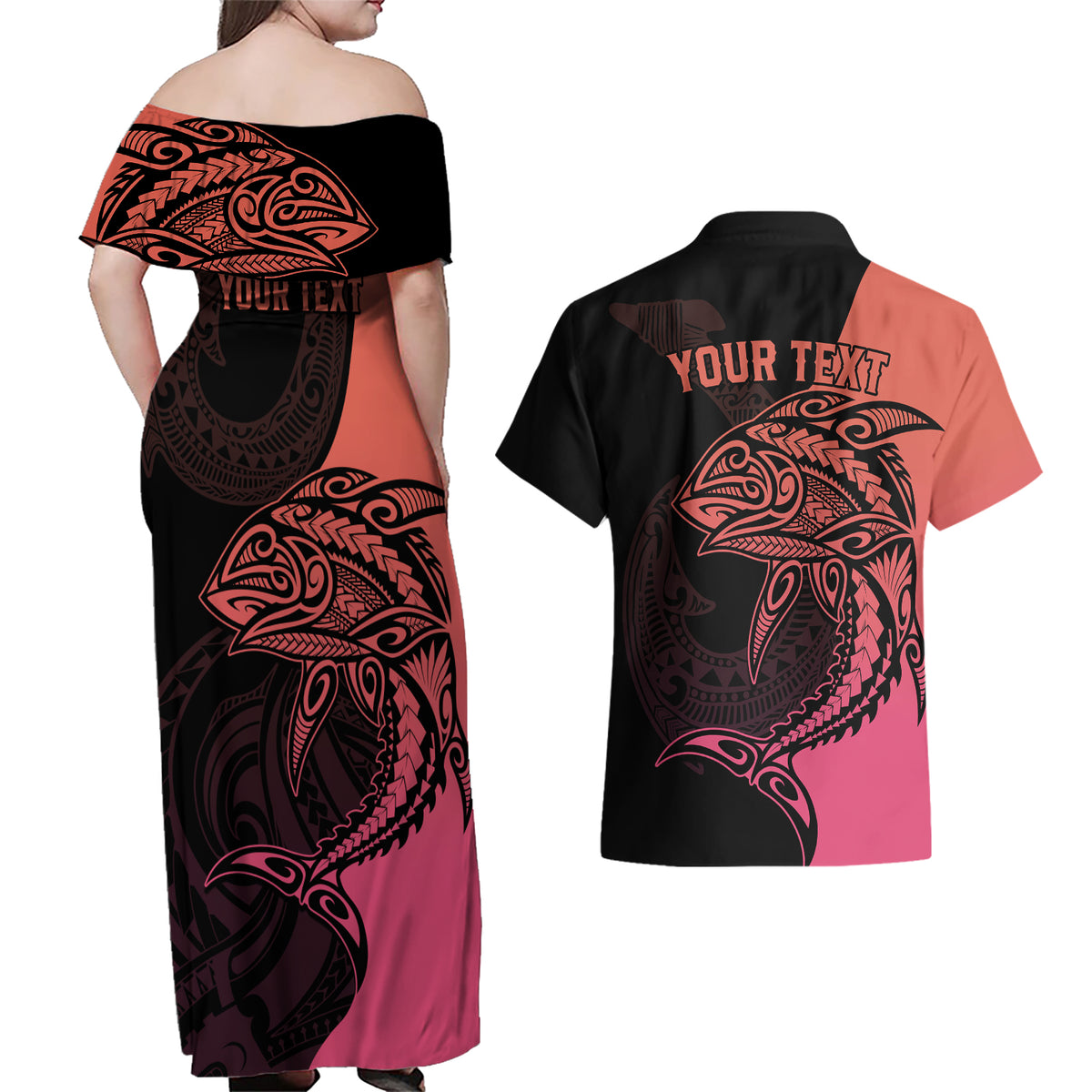 Personalised Polynesia Fishing Couples Matching Off Shoulder Maxi Dress and Hawaiian Shirt With Maori Hei Matau Fish Hook Pink Art LT9 - Polynesian Pride