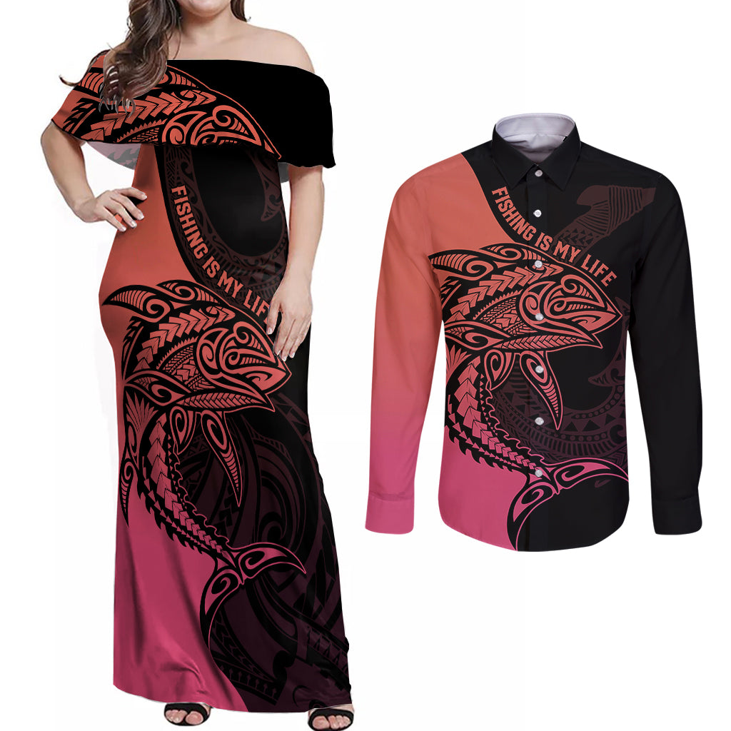 Personalised Polynesia Fishing Couples Matching Off Shoulder Maxi Dress and Long Sleeve Button Shirts With Maori Hei Matau Fish Hook Pink Art LT9 Pink - Polynesian Pride