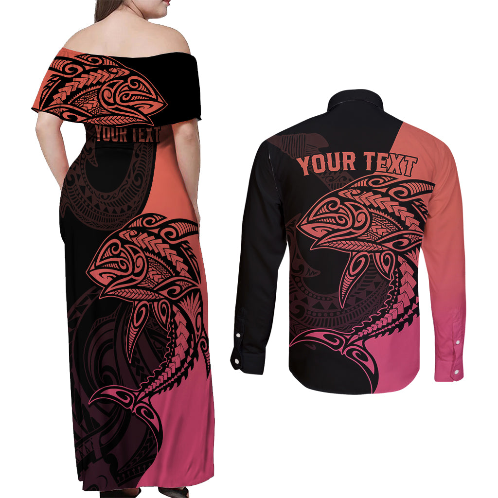 Personalised Polynesia Fishing Couples Matching Off Shoulder Maxi Dress and Long Sleeve Button Shirts With Maori Hei Matau Fish Hook Pink Art LT9 - Polynesian Pride