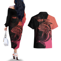 Personalised Polynesia Fishing Couples Matching Off The Shoulder Long Sleeve Dress and Hawaiian Shirt With Maori Hei Matau Fish Hook Pink Art LT9 - Polynesian Pride