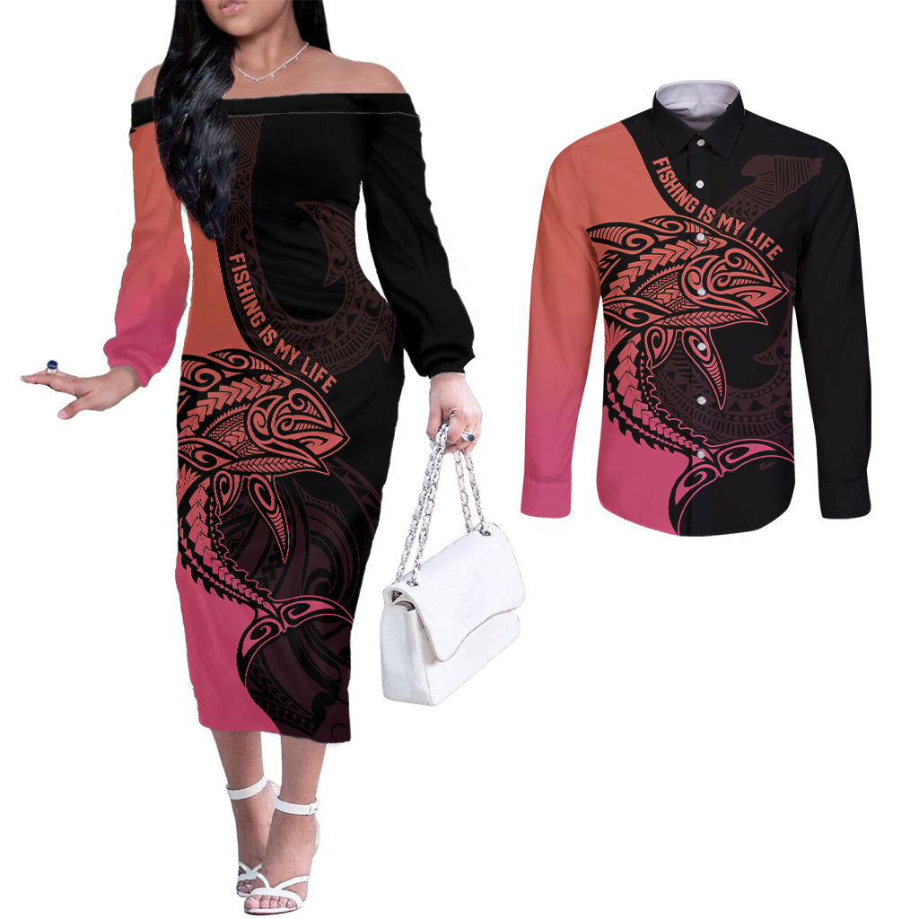 Personalised Polynesia Fishing Couples Matching Off The Shoulder Long Sleeve Dress and Long Sleeve Button Shirts With Maori Hei Matau Fish Hook Pink Art LT9 Pink - Polynesian Pride