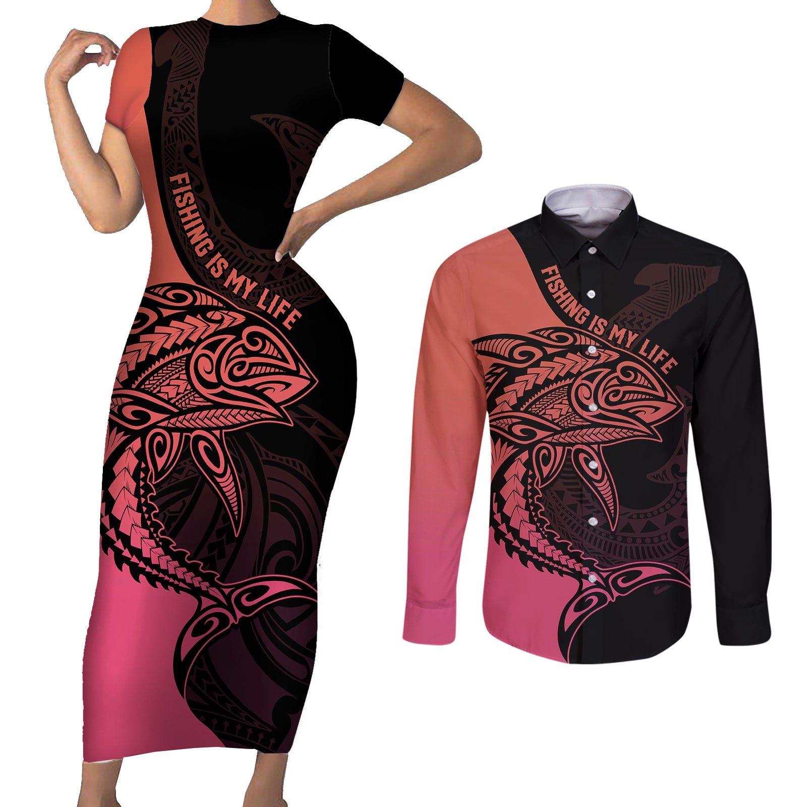 Personalised Polynesia Fishing Couples Matching Short Sleeve Bodycon Dress and Long Sleeve Button Shirts With Maori Hei Matau Fish Hook Pink Art LT9 Pink - Polynesian Pride