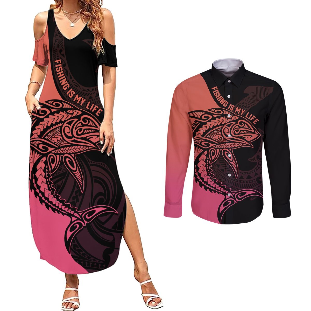 Personalised Polynesia Fishing Couples Matching Summer Maxi Dress and Long Sleeve Button Shirts With Maori Hei Matau Fish Hook Pink Art LT9 Pink - Polynesian Pride