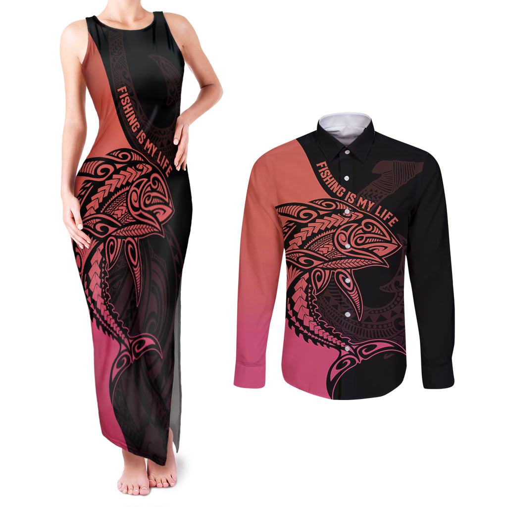 Personalised Polynesia Fishing Couples Matching Tank Maxi Dress and Long Sleeve Button Shirts With Maori Hei Matau Fish Hook Pink Art LT9 Pink - Polynesian Pride