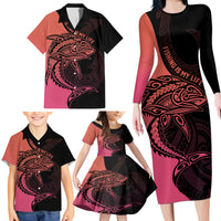 Personalised Polynesia Fishing Family Matching Long Sleeve Bodycon Dress and Hawaiian Shirt With Maori Hei Matau Fish Hook Pink Art LT9 - Polynesian Pride