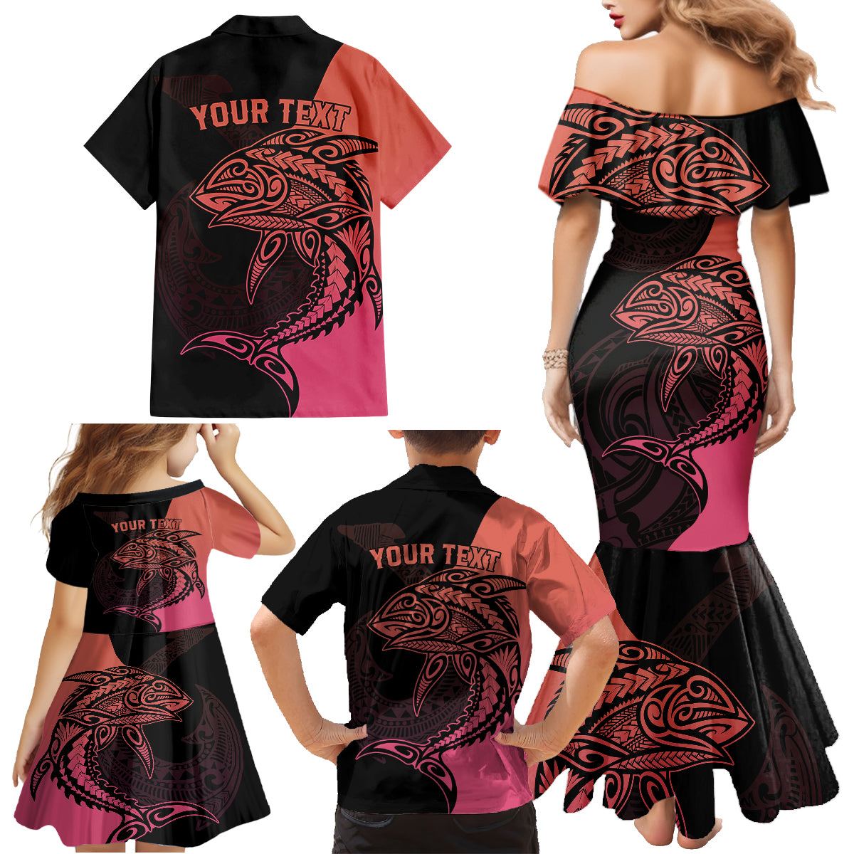 Personalised Polynesia Fishing Family Matching Mermaid Dress and Hawaiian Shirt With Maori Hei Matau Fish Hook Pink Art LT9 - Polynesian Pride