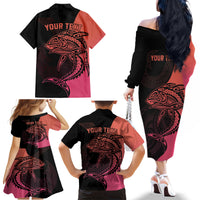Personalised Polynesia Fishing Family Matching Off Shoulder Long Sleeve Dress and Hawaiian Shirt With Maori Hei Matau Fish Hook Pink Art LT9 - Polynesian Pride