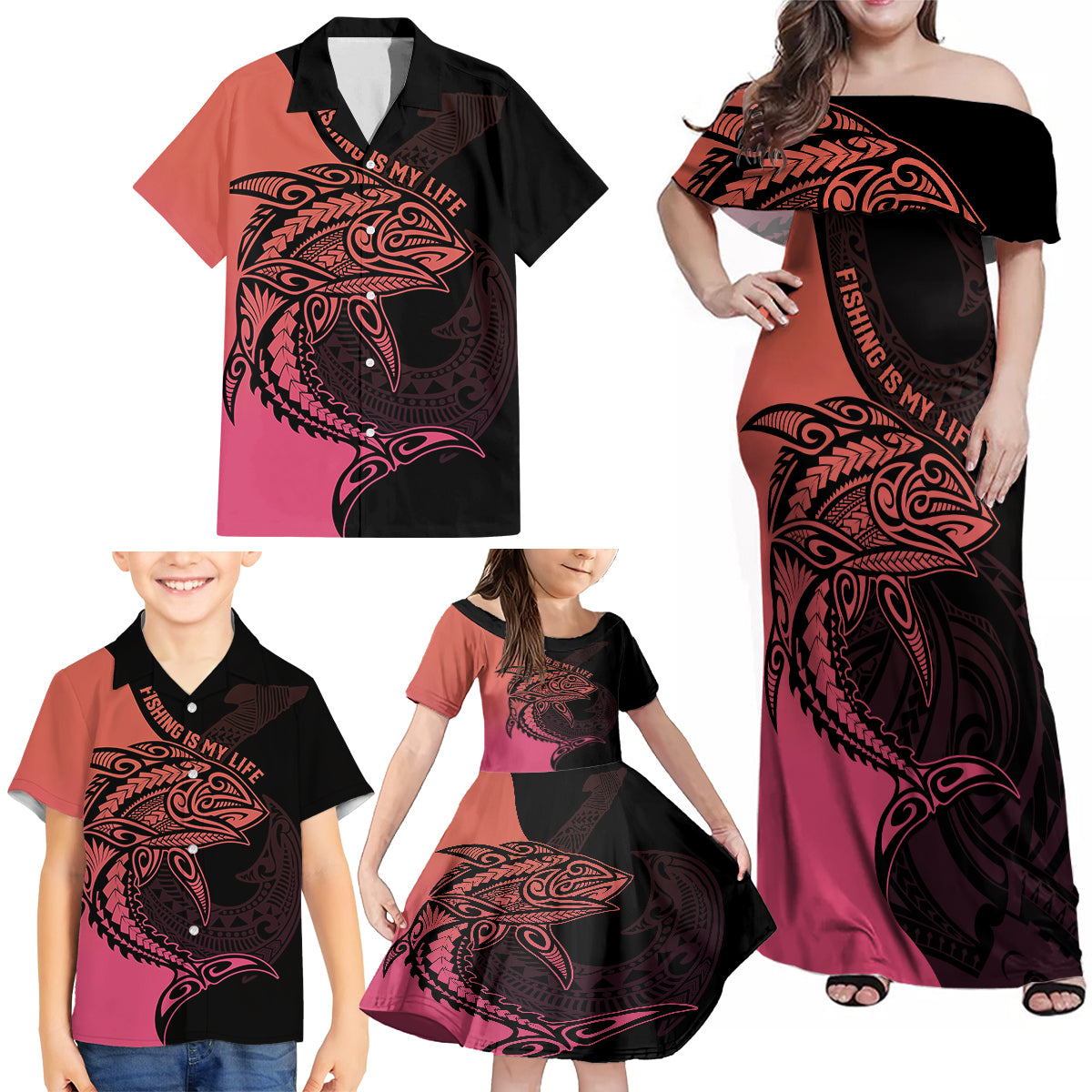 Personalised Polynesia Fishing Family Matching Off Shoulder Maxi Dress and Hawaiian Shirt With Maori Hei Matau Fish Hook Pink Art LT9 - Polynesian Pride