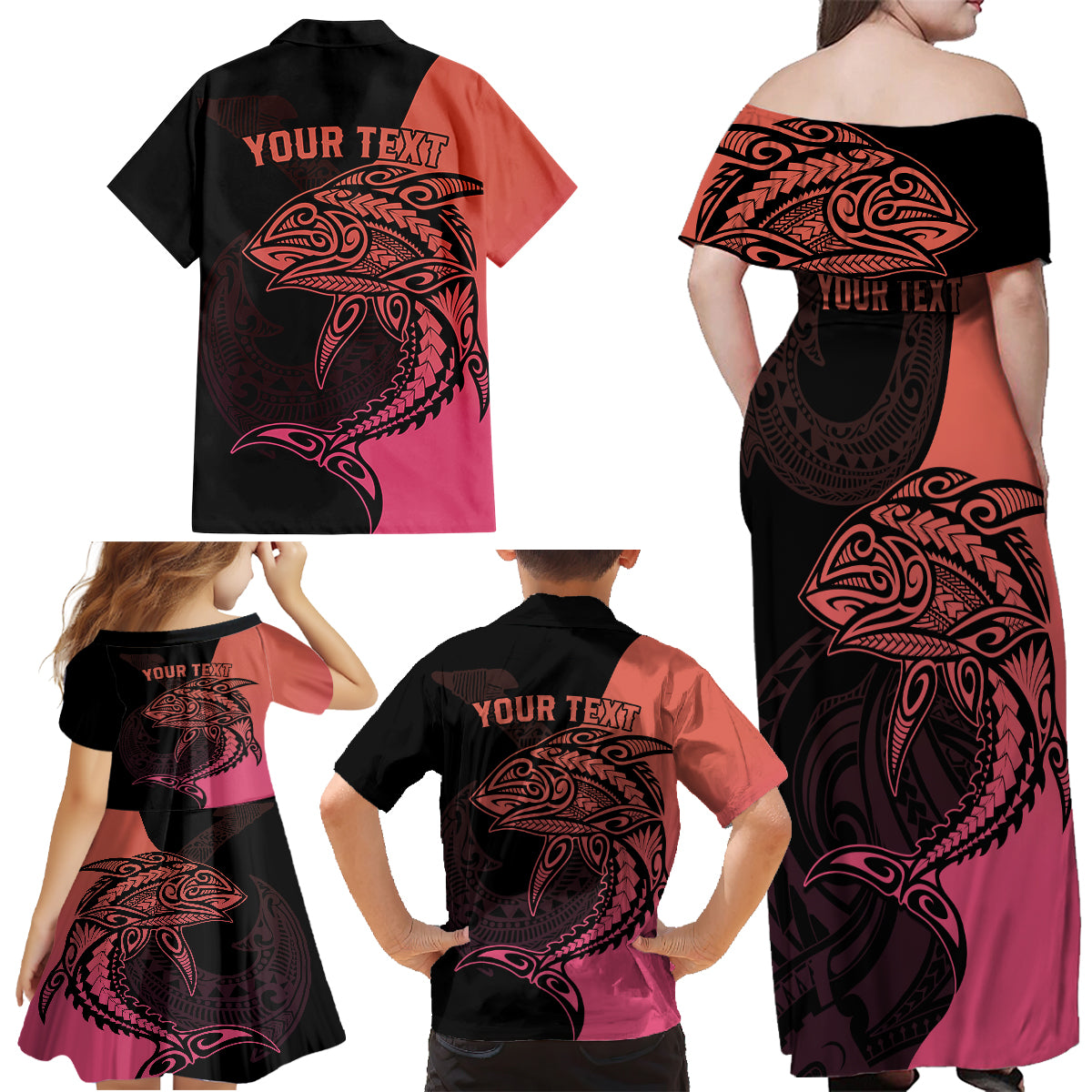 Personalised Polynesia Fishing Family Matching Off Shoulder Maxi Dress and Hawaiian Shirt With Maori Hei Matau Fish Hook Pink Art LT9 - Polynesian Pride
