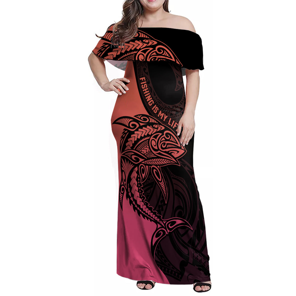 Personalised Polynesia Fishing Family Matching Off Shoulder Maxi Dress and Hawaiian Shirt With Maori Hei Matau Fish Hook Pink Art LT9 Mom's Dress Pink - Polynesian Pride