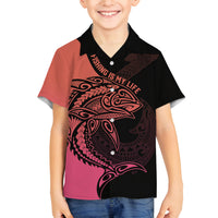 Personalised Polynesia Fishing Family Matching Off Shoulder Maxi Dress and Hawaiian Shirt With Maori Hei Matau Fish Hook Pink Art LT9 Son's Shirt Pink - Polynesian Pride