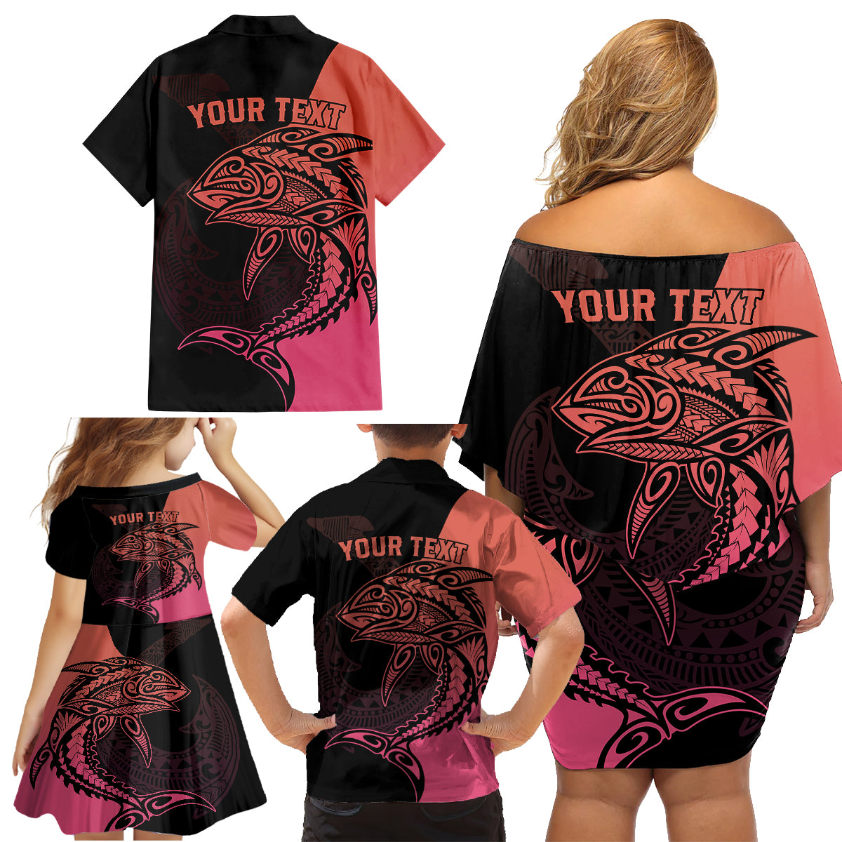 Personalised Polynesia Fishing Family Matching Off Shoulder Short Dress and Hawaiian Shirt With Maori Hei Matau Fish Hook Pink Art LT9 - Polynesian Pride