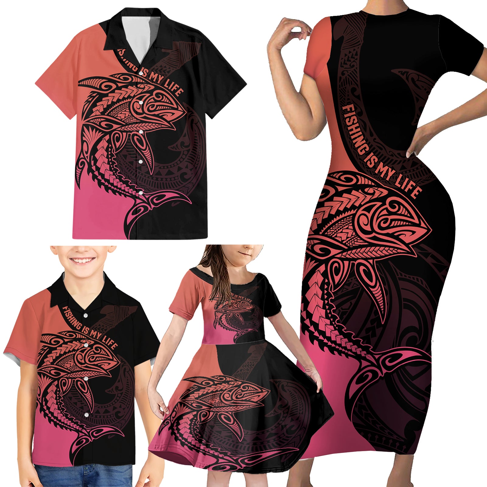 Personalised Polynesia Fishing Family Matching Short Sleeve Bodycon Dress and Hawaiian Shirt With Maori Hei Matau Fish Hook Pink Art LT9 - Polynesian Pride