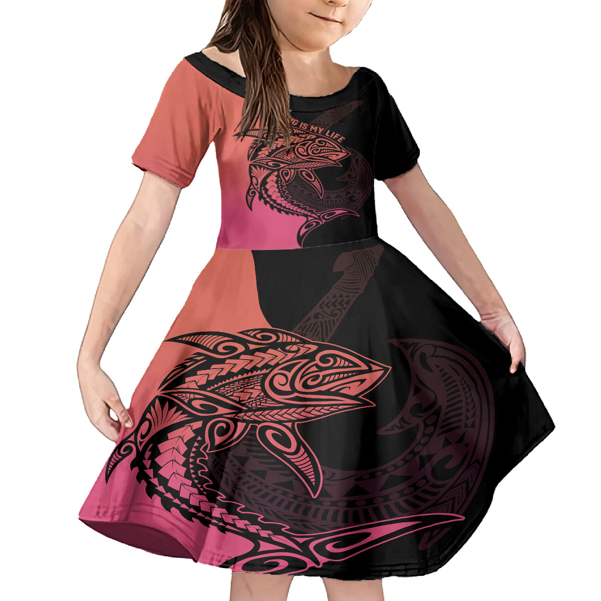 Personalised Polynesia Fishing Family Matching Summer Maxi Dress and Hawaiian Shirt With Maori Hei Matau Fish Hook Pink Art LT9 Daughter's Dress Pink - Polynesian Pride