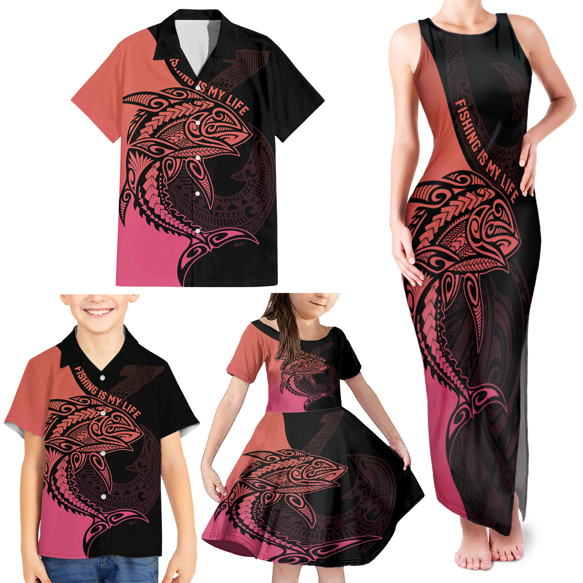 Personalised Polynesia Fishing Family Matching Tank Maxi Dress and Hawaiian Shirt With Maori Hei Matau Fish Hook Pink Art LT9 - Polynesian Pride