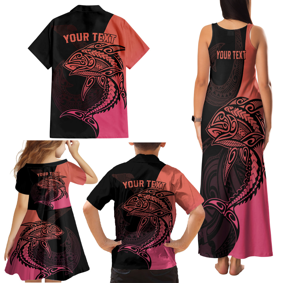 Personalised Polynesia Fishing Family Matching Tank Maxi Dress and Hawaiian Shirt With Maori Hei Matau Fish Hook Pink Art LT9 - Polynesian Pride