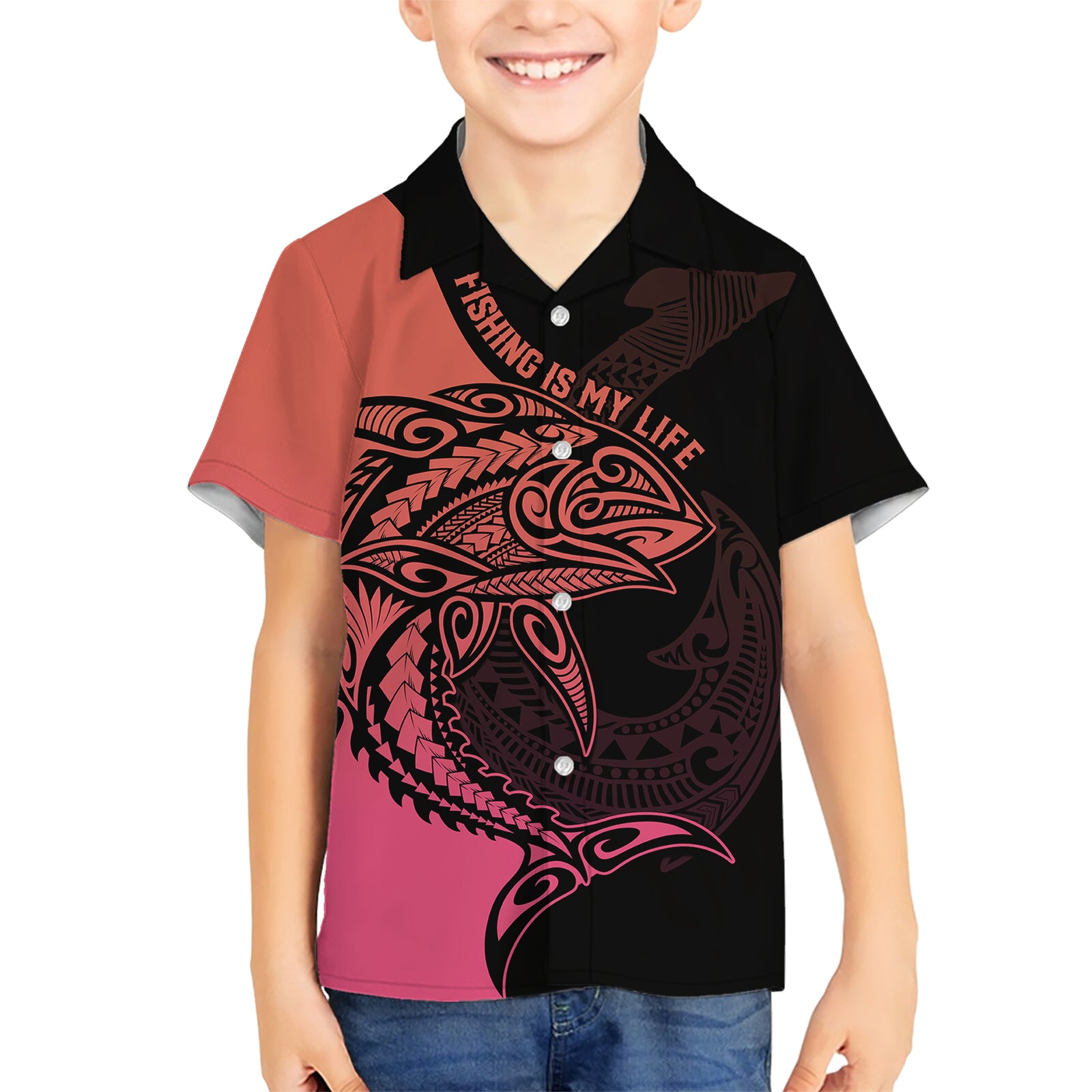 Personalised Polynesia Fishing Kid Hawaiian Shirt With Maori Hei Matau Fish Hook Pink Art LT9 Kid Pink - Polynesian Pride