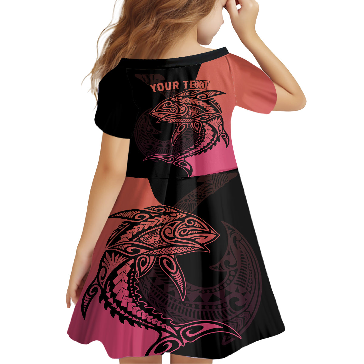 personalised-polynesia-fishing-kid-short-sleeve-dress-with-maori-hei-matau-fish-hook-pink-art