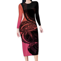 Personalised Polynesia Fishing Long Sleeve Bodycon Dress With Maori Hei Matau Fish Hook Pink Art LT9 Long Dress Pink - Polynesian Pride