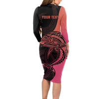Personalised Polynesia Fishing Long Sleeve Bodycon Dress With Maori Hei Matau Fish Hook Pink Art LT9 - Polynesian Pride