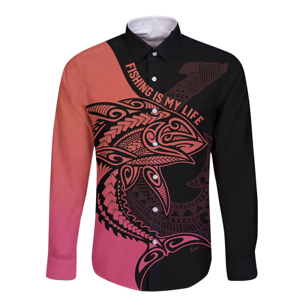 Personalised Polynesia Fishing Long Sleeve Button Shirt With Maori Hei Matau Fish Hook Pink Art LT9 Unisex Pink - Polynesian Pride