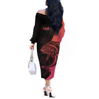 Personalised Polynesia Fishing Off The Shoulder Long Sleeve Dress With Maori Hei Matau Fish Hook Pink Art LT9 - Polynesian Pride