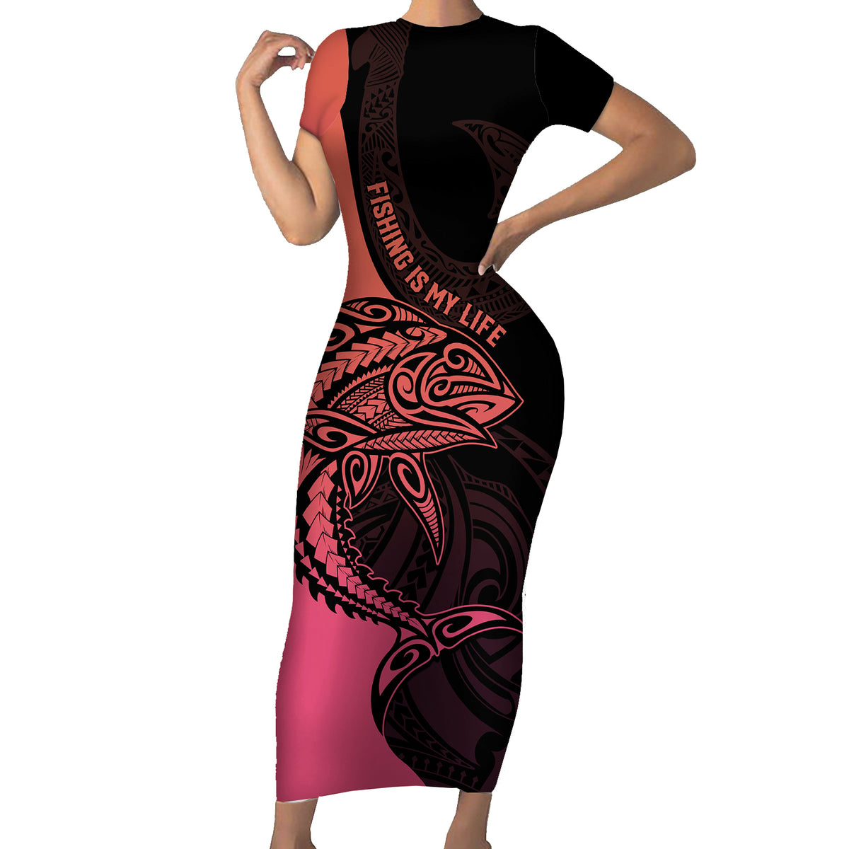 Personalised Polynesia Fishing Short Sleeve Bodycon Dress With Maori Hei Matau Fish Hook Pink Art LT9 Long Dress Pink - Polynesian Pride