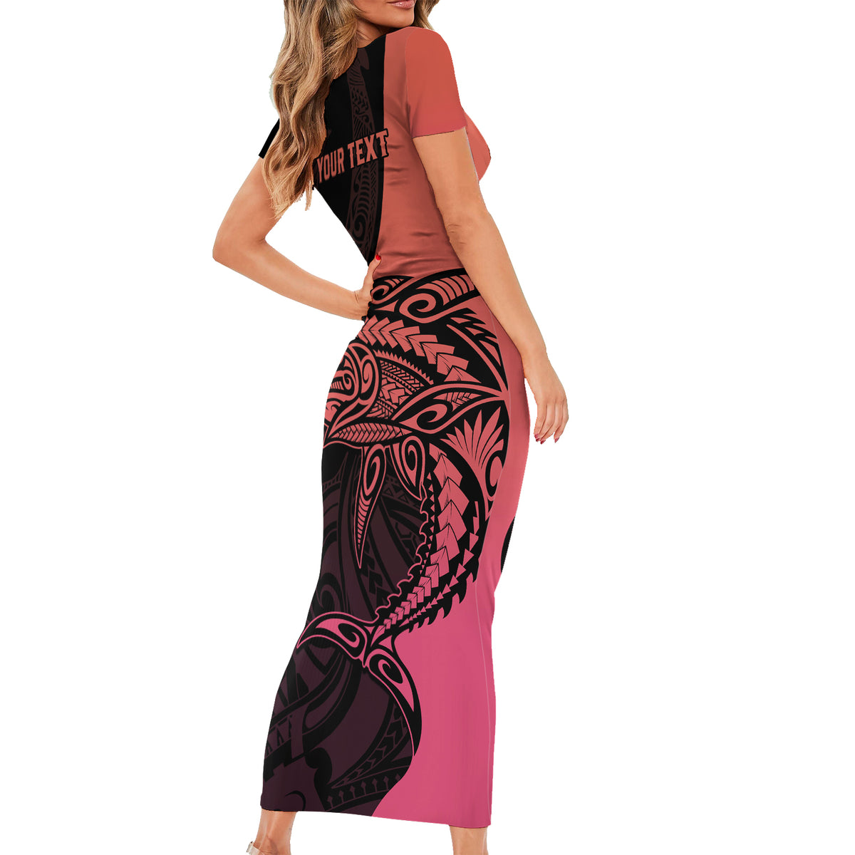 Personalised Polynesia Fishing Short Sleeve Bodycon Dress With Maori Hei Matau Fish Hook Pink Art LT9 - Polynesian Pride