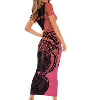 Personalised Polynesia Fishing Short Sleeve Bodycon Dress With Maori Hei Matau Fish Hook Pink Art LT9 - Polynesian Pride