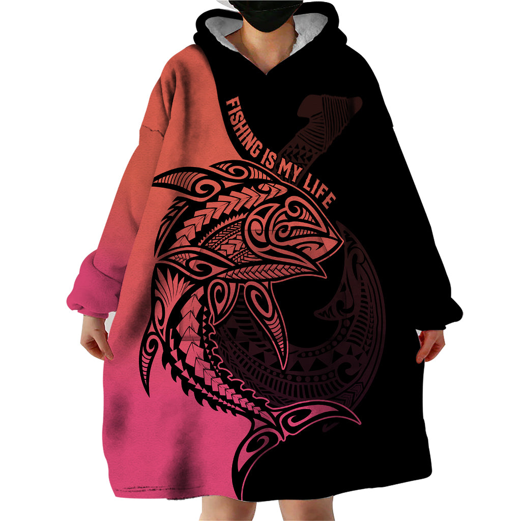 Personalised Polynesia Fishing Wearable Blanket Hoodie With Maori Hei Matau Fish Hook Pink Art LT9 - Polynesian Pride