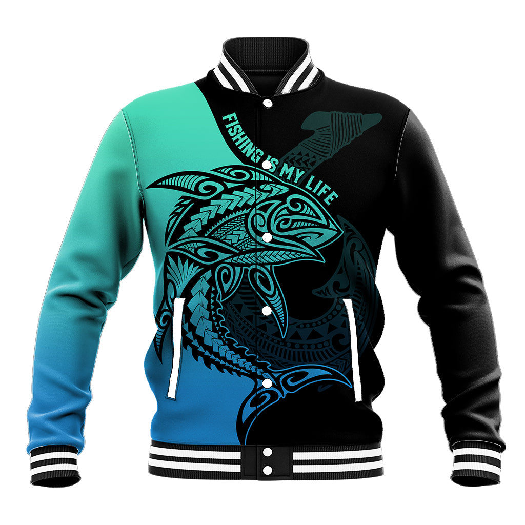 Personalised Polynesia Fishing Baseball Jacket With Maori Hei Matau Fish Hook Turquoise Art LT9 Unisex Turquoise - Polynesian Pride