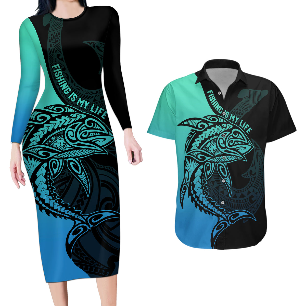 Personalised Polynesia Fishing Couples Matching Long Sleeve Bodycon Dress and Hawaiian Shirt With Maori Hei Matau Fish Hook Turquoise Art LT9 Turquoise - Polynesian Pride