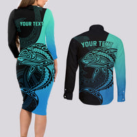 Personalised Polynesia Fishing Couples Matching Long Sleeve Bodycon Dress and Long Sleeve Button Shirts With Maori Hei Matau Fish Hook Turquoise Art LT9 - Polynesian Pride
