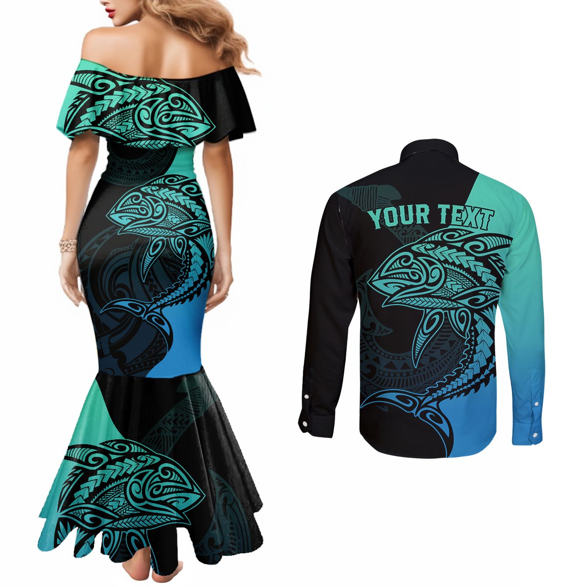 Personalised Polynesia Fishing Couples Matching Mermaid Dress and Long Sleeve Button Shirts With Maori Hei Matau Fish Hook Turquoise Art LT9 - Polynesian Pride